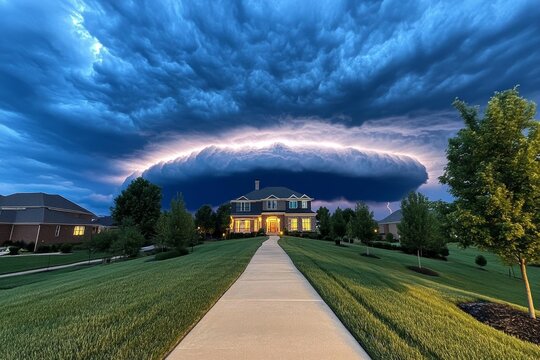 A dramatic image of dark thunderstorm clouds rolling in over a rural field, with lightning flashing in the distance