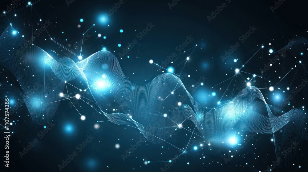 Poster Abstract digital background with glowing particles and waves in blue tones.