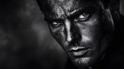 Fototapeta premium A black and white portrait of a man with a strong ja.w