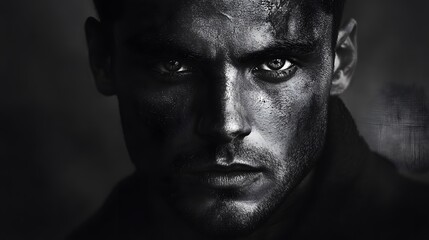 Obraz premium A black and white portrait of a man with a strong ja.w