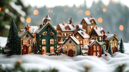 Obraz premium Miniature holiday village with glowing windows surrounded by snowy landscape, evoking warmth and festive cheer with tiny decorative details.