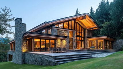 Obraz premium Architecture using natural materials like wood and stone for sustainable, eco-friendly construction