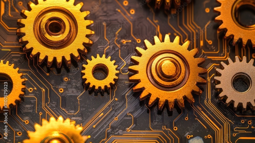 Poster a close-up of interlocking golden gears on a circuit board background, symbolizing technology.