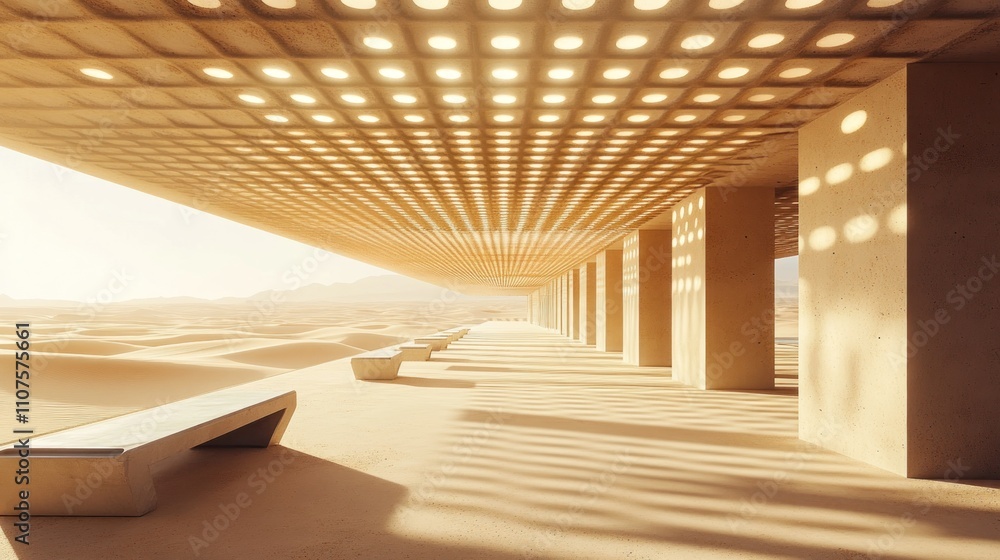 Aufkleber a modern architectural structure with light patterns illuminating a sandy landscape.