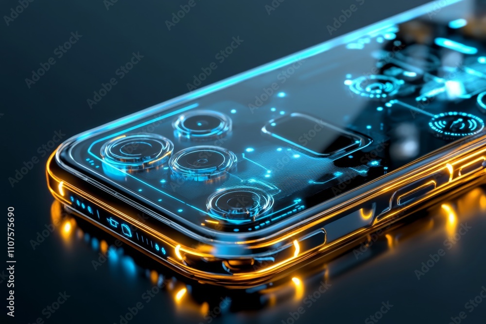 Poster a futuristic 3d depiction of a cellphone with glowing edges and an animated, holographic screen inte