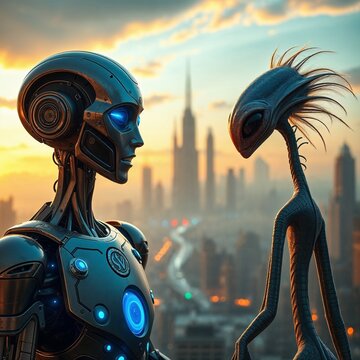 Robot meeting an alien creature in futuristic dubai city at sunset