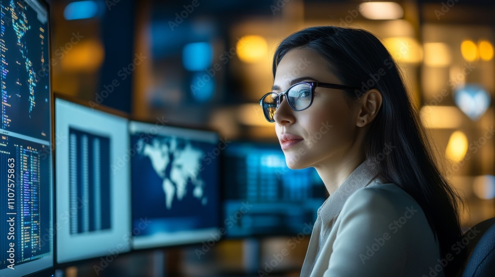 Poster A professional woman with glasses analyzes data on multiple computer screens in a modern workspace. The warm lighting and high-tech environment create an engaging atmosphere for her concentration.