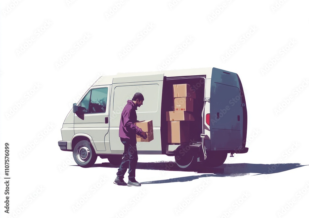 Poster A person unloading boxes from a delivery van in a minimalistic setting.