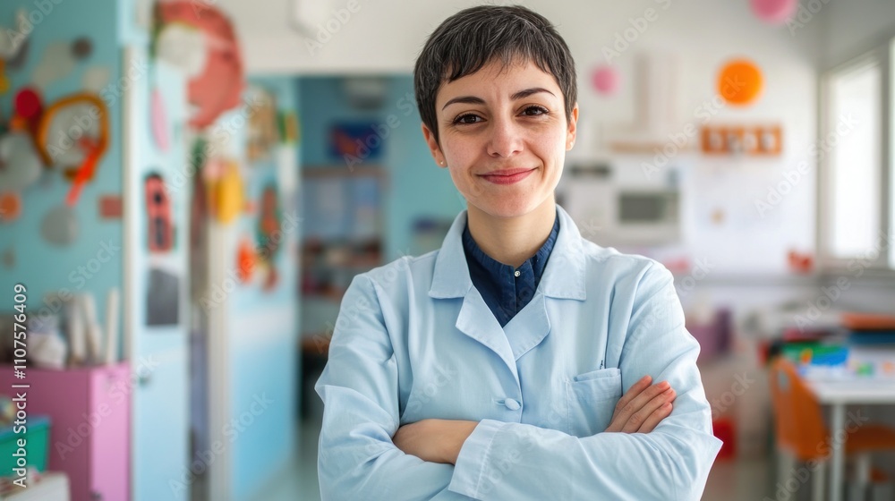 Poster a smiling woman in a lab coat stands confidently in a colorful classroom setting.