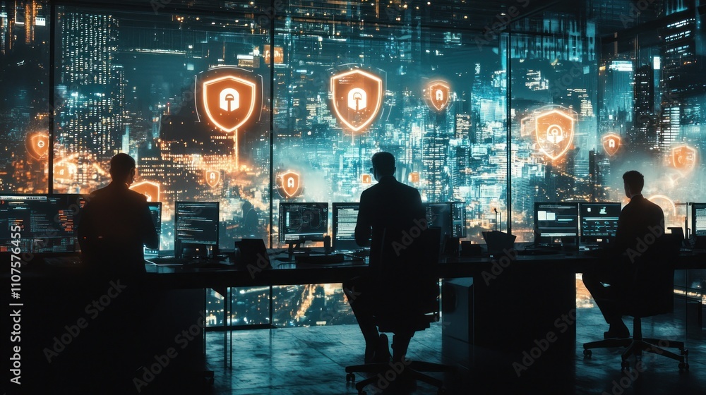 Aufkleber a cybersecurity operations center with glowing shield icons and city skyline in the background.