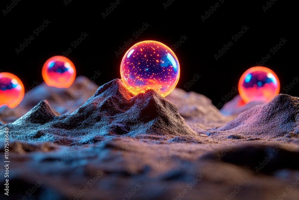 Poster a futuristic scene of glowing, holographic bubbles floating in a dark sci-fi environment