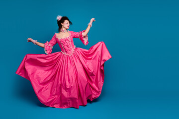 Full length photo of charming dreamy marie antoinette wear rich dress having fun empty space...