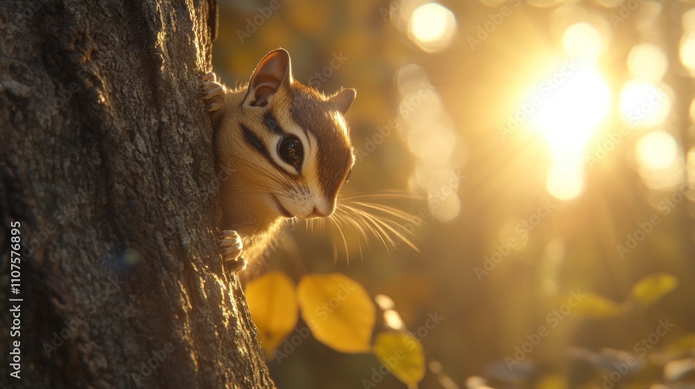 Poster a chipmunk peeks from a tree, illuminated by soft sunlight in a serene forest setting.