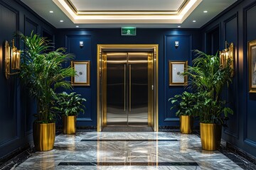 Fototapeta premium A luxurious hotel lobby with dark blue walls, gold accents, and double doors leading to elevators.