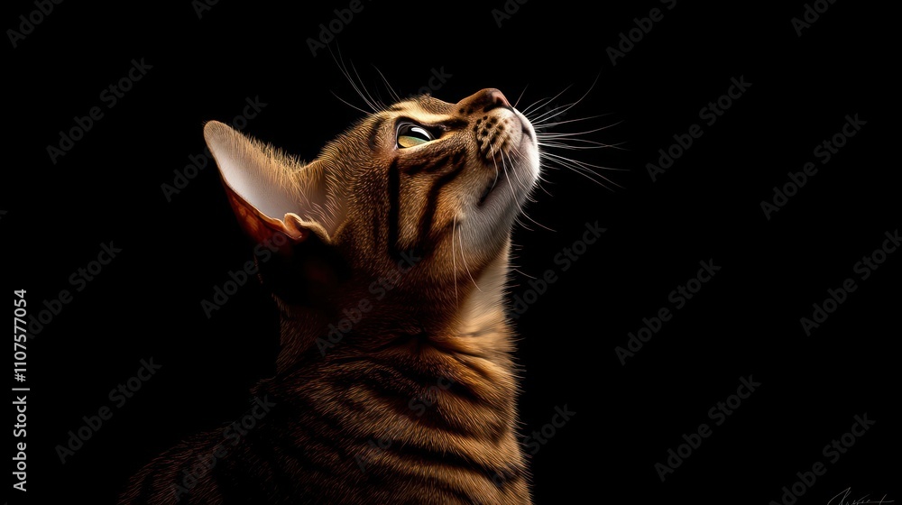 Poster a close-up profile of a cat gazing upwards against a dark background.