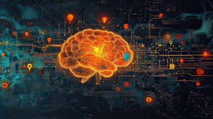  Conceptual brain illustrated as digital motherboard, with electrical circuits extending outwards, manipulating abstract icons like lightning bolts, smiley faces, and question marks.
