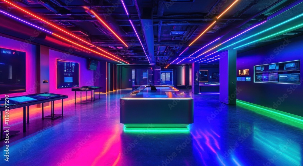 Aufkleber a modern, illuminated tech space featuring vibrant neon lights and interactive displays.