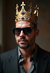 Fototapeta premium A triumphant male wearing sunglasses and crown