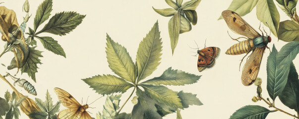 Vintage scientific illustration featuring detailed insects and foliage, showcasing beauty of nature diversity. This artwork captures intricate details of various plants and butterflies