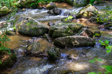 Hiking along Otterbach in the Otterbach Valley in the Bavarian Forests. Germany.