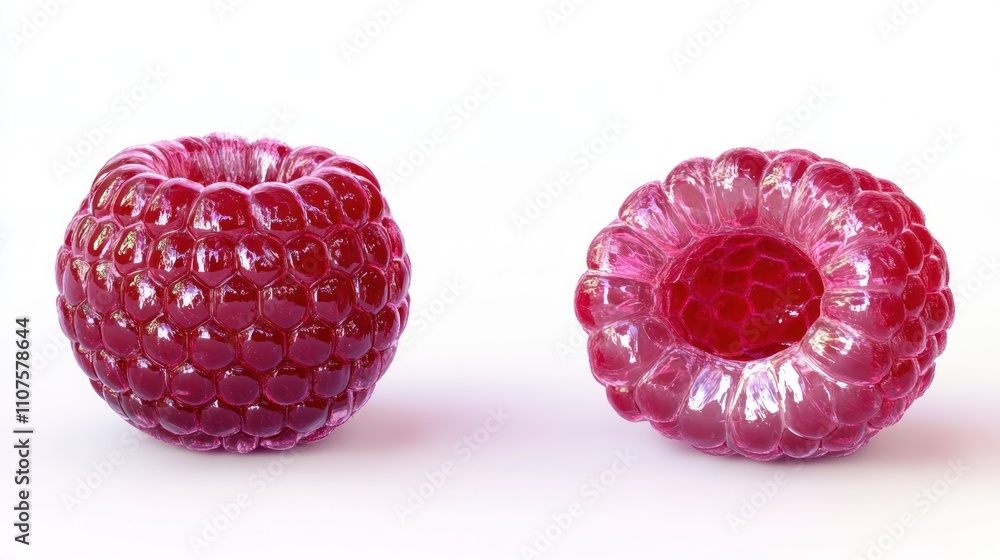 Poster two stylized raspberry models showcasing their unique shapes and textures.
