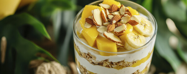 tropical parfait featuring layers of banana, mango, and yogurt, topped with almonds, evokes refreshing and healthy treat. Perfect for breakfast or dessert!