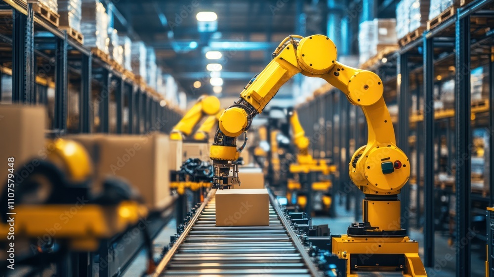Wall mural robotic arms working in an automated warehouse, streamlining tasks like sorting and packaging of goo