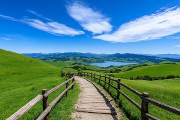Fototapeta premium A high-resolution photo of soft clouds floating above a lush green valley, seen from a hilltop