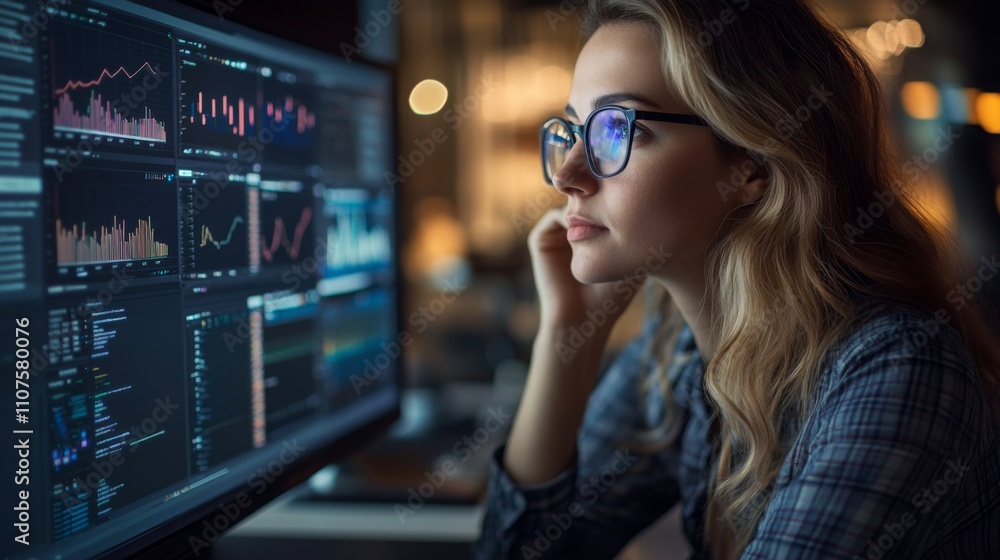Poster A woman with long blonde hair and glasses sits intently in front of a computer screen displaying complex data visualizations.