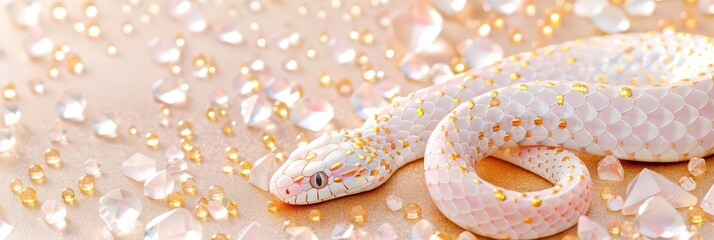 A white albino snake with golden accents, coiled on a shimmering surface of gems and crystals under soft lighting.