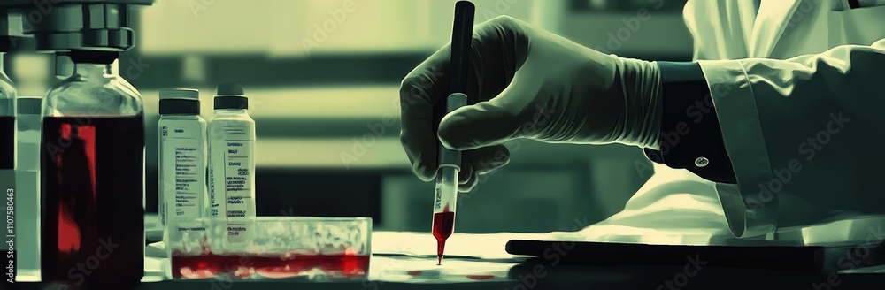 Poster a laboratory scene showing a scientist handling blood samples for analysis.