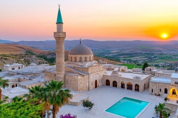 Fototapeta premium A majestic Byzantine cityscape at sunset, with domes and towers glowing in golden light