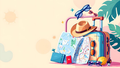 Illustration of a suitcase with travel essentials like passport, sunglasses, and a map.