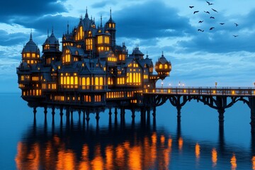 Obraz premium A magical city with floating towers, glowing bridges, and mythical creatures flying through a twilight sky