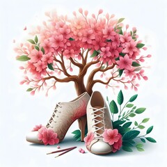 The image features a whimsical design of a tree intertwined with a pair of elegant high-heeled shoes. The tree is adorned with vibrant pink flowers, and its branches spread out gracefully, creating a 