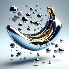 The image depicts a sculptural interpretation of a banana, designed with a highly reflective metallic finish that incorporates both silver and gold tones. This artistic banana appears to float amidst 