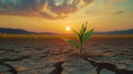 Small Green Sprout of Corn Growing on Cracked Soil