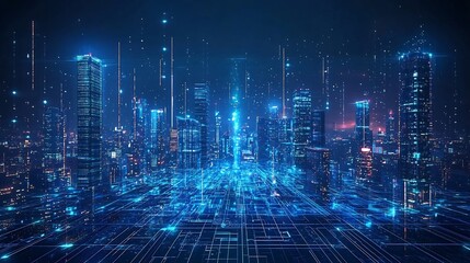 Naklejka premium Futuristic Cityscape with Illuminated Skyscrapers and Visionary Technology Innovations