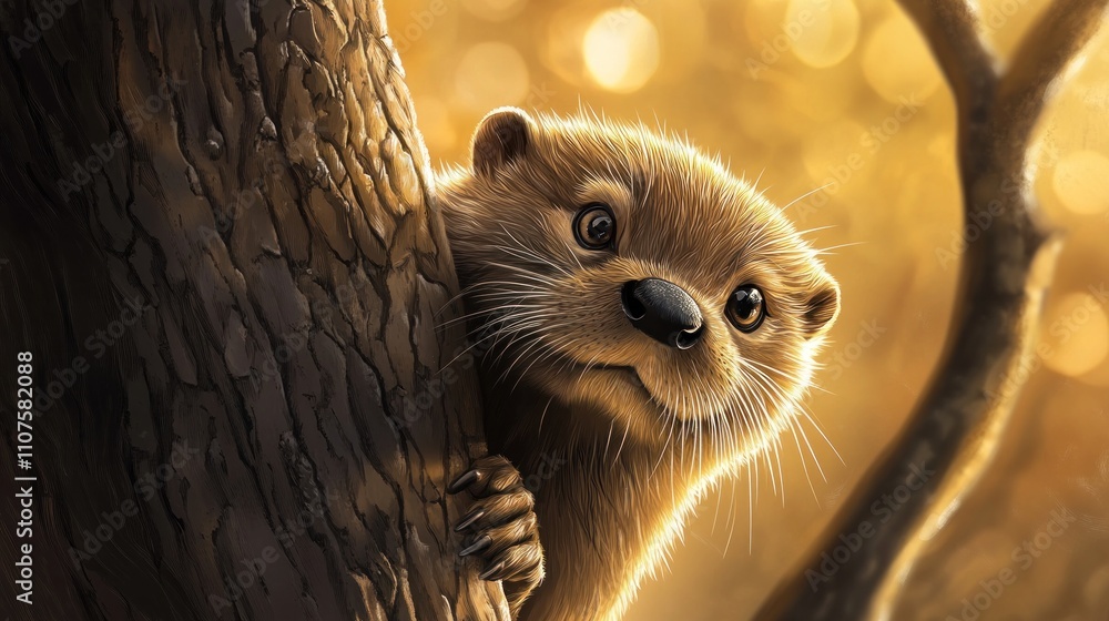 Poster a curious otter peeks from behind a tree, illuminated by soft golden light.