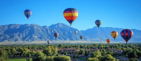 Fototapeta premium Colorful hot air balloons soaring over lush greenery and mountains under a clear blue sky.