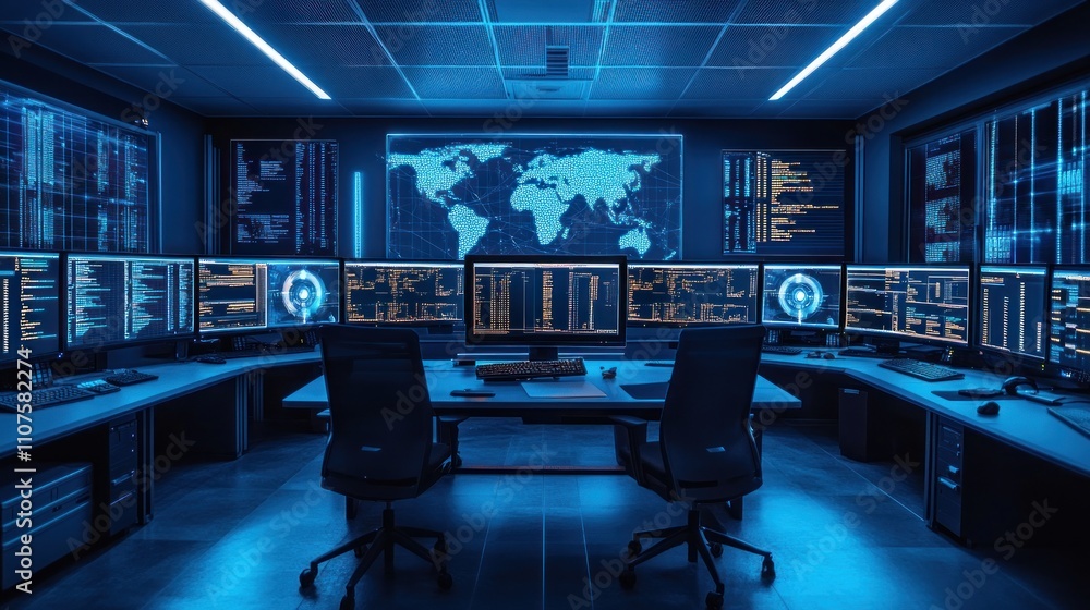 Poster high-tech control room with multiple monitors displaying data and a world map.