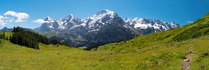 The panorama of Hineres Lauterbrunnental valley with the peaks  Eiger, Monch, Jungfrau,...