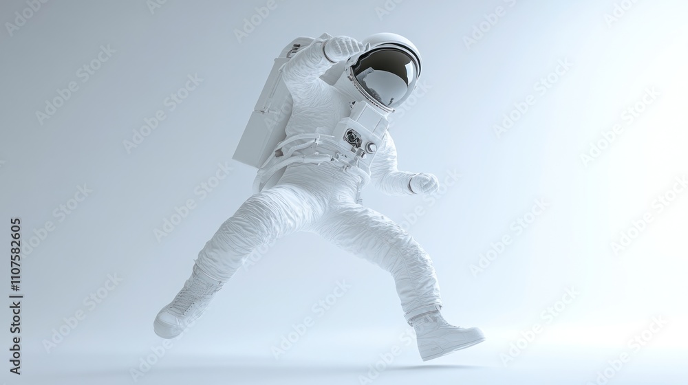 Poster an astronaut in a white suit appears to be floating or leaping in a minimalist setting.