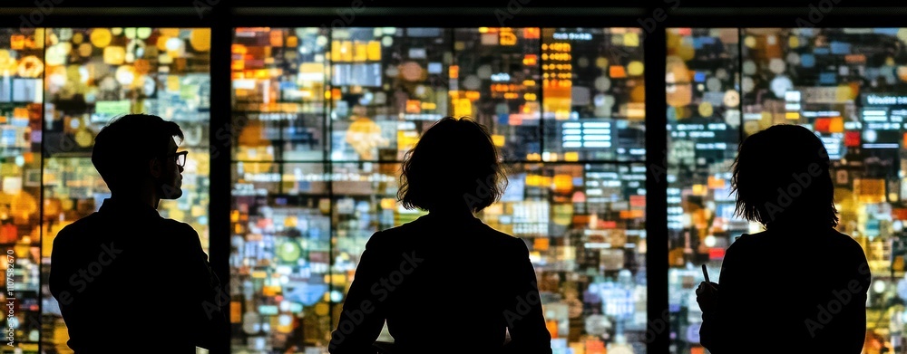 Poster silhouetted figures observing a vibrant, illuminated display of data or information.