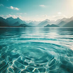 The image captures a tranquil body of water with gentle ripples radiating from a central point. The water is a vivid turquoise, reflecting the soft sunlight and creating a shimmering effect on the sur