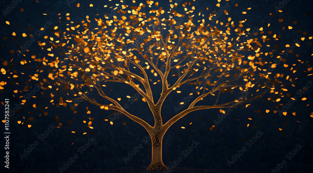 Aufkleber a glowing tree with shimmering leaves against a dark background, creating a magical and enchanting a