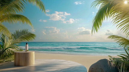 Fototapeta premium 3D-rendered summer beach scene with a podium for product display