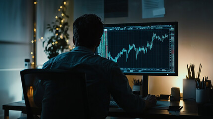 Fototapeta premium A man sits at a desk in a dimly lit room, working on a computer. The screen displays a financial data chart. The blurred background features string lights, creating a cozy atmosphere
