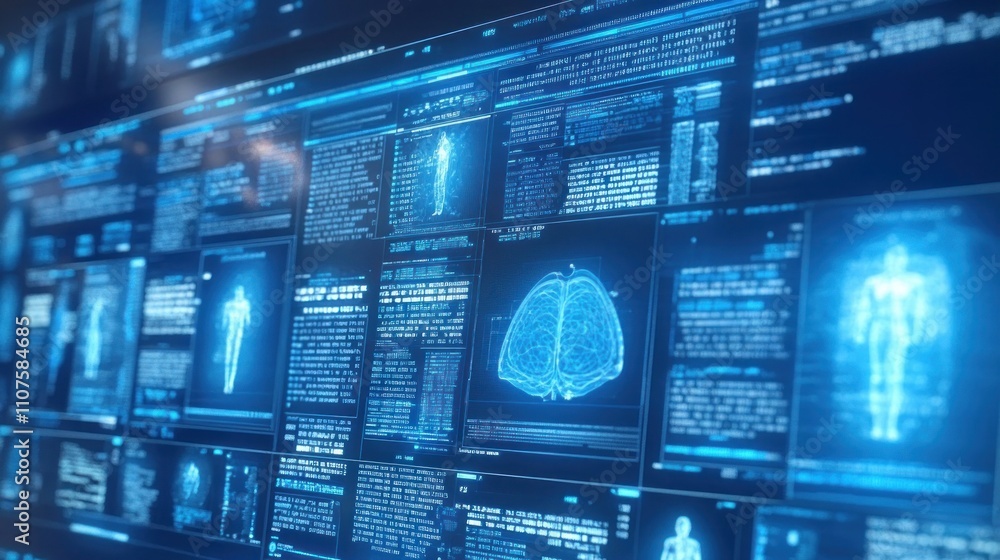Poster high-tech interface displaying medical data and anatomical visuals for analysis.