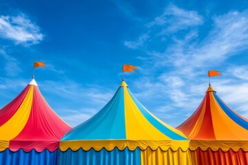 A photo of a circus tent at sunrise, with the first light catching the vibrant colors of the fabric
